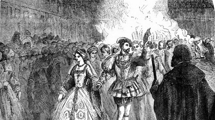 Anne and Henry walking through a crowd
