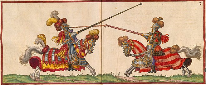 Renaissance-era depiction of a joust in traditional or "high" armor, based on then-historical late medieval armour (Paulus Hector Mair, de arte athletica, 1540s)