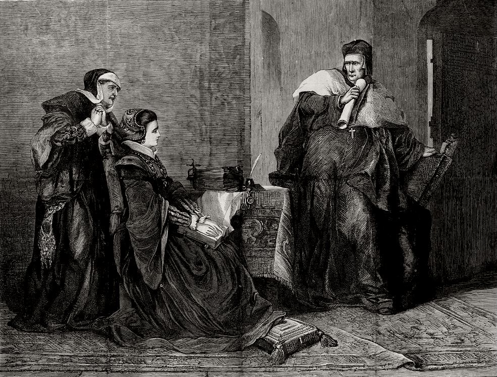 "Lady Jane Grey's victory over Bishop Gardiner," by an unknown engraver, published in Harper's Weekly in 1871