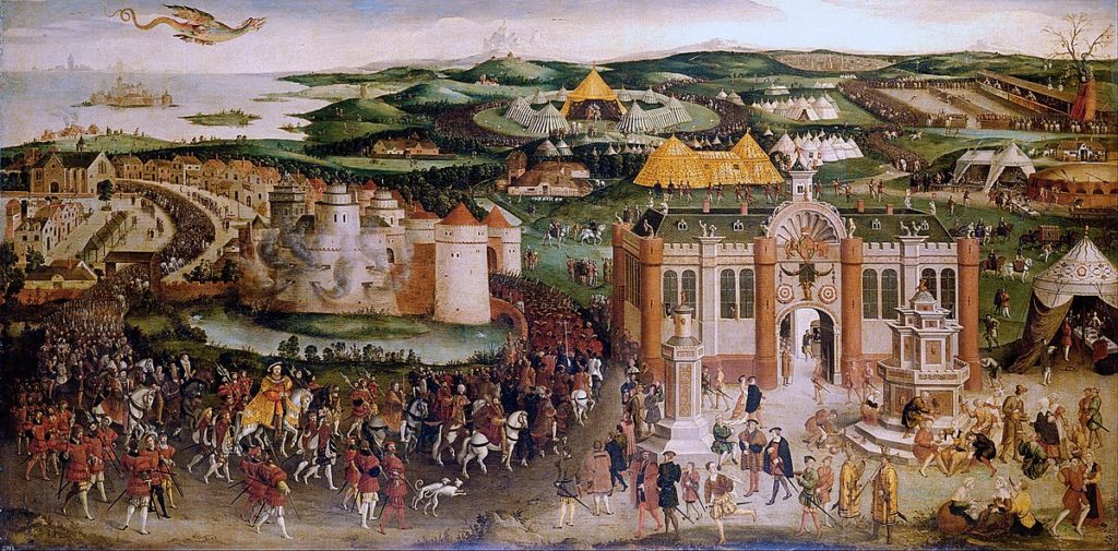 The Field of the Cloth of Gold, by an unknown artist; in the Royal Collection - check the bottom left to  see Henry  approach on horseback