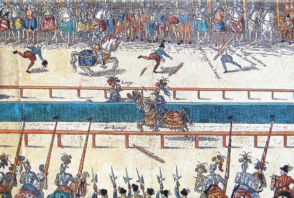 Henri II's fateful (fatal) joust against Lorges, from an anonymous 16th century German print (public domain via Wikimedia Commons)  
