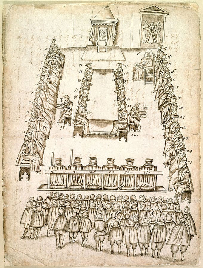 Drawing of the trial of Mary, Queen of Scots, in the Great Chamber at Fotheringay Castle (image taken from Papers and correspondance relating to Mary, Queen of Scots)