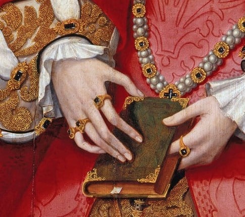 Detail of Elizabeth's hands from the William Scots portrait of the young Elizabeth, to illustrate the quote from the Ambassador's analysis, "...She has...above all a beautiful hand of which she makes a display..."