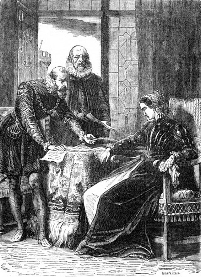 Mary Stuart about to  sign her resignation at Lochleven Castle, from John Cassell's Illustrated History of England 
