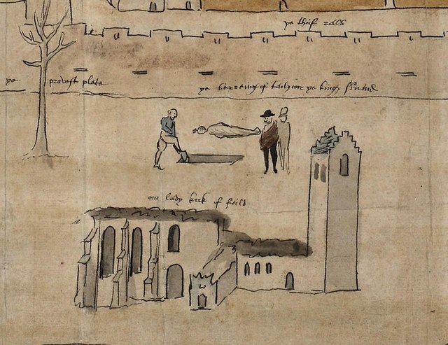 Drawing of the Kirk o'Field after Darney's murder (made for William Cecil, Lord Burghley, in England) 